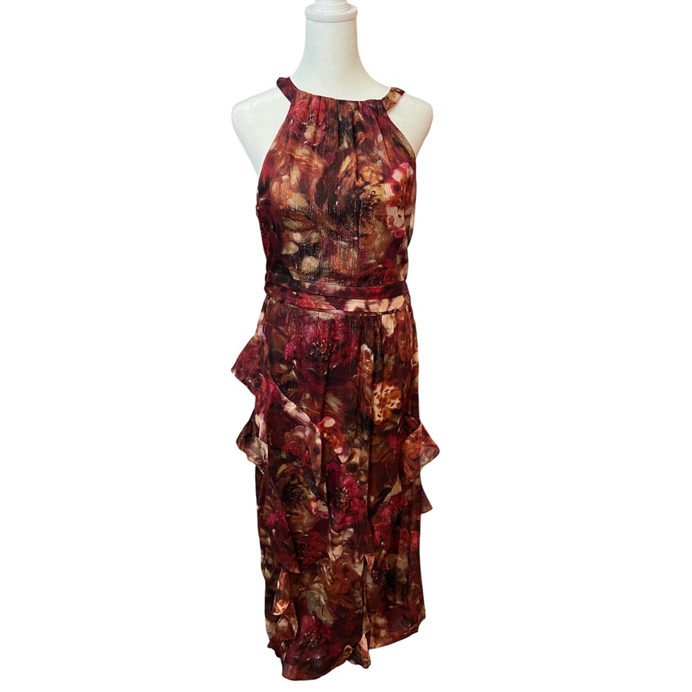 Stella & Julie Womens Halter Ruffle Floral Metallic Midi Dress Burgundy Gold 10